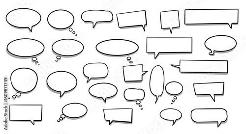 Collection of Hand Drawn Speech Bubbles and Thought Bubbles in Various Shapes and Styles for Communication and Ideas Display