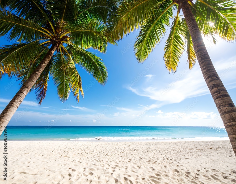 Fototapeta premium Tropical beach scene under palm trees. Bright sun, clear sky, turquoise water, and white sand