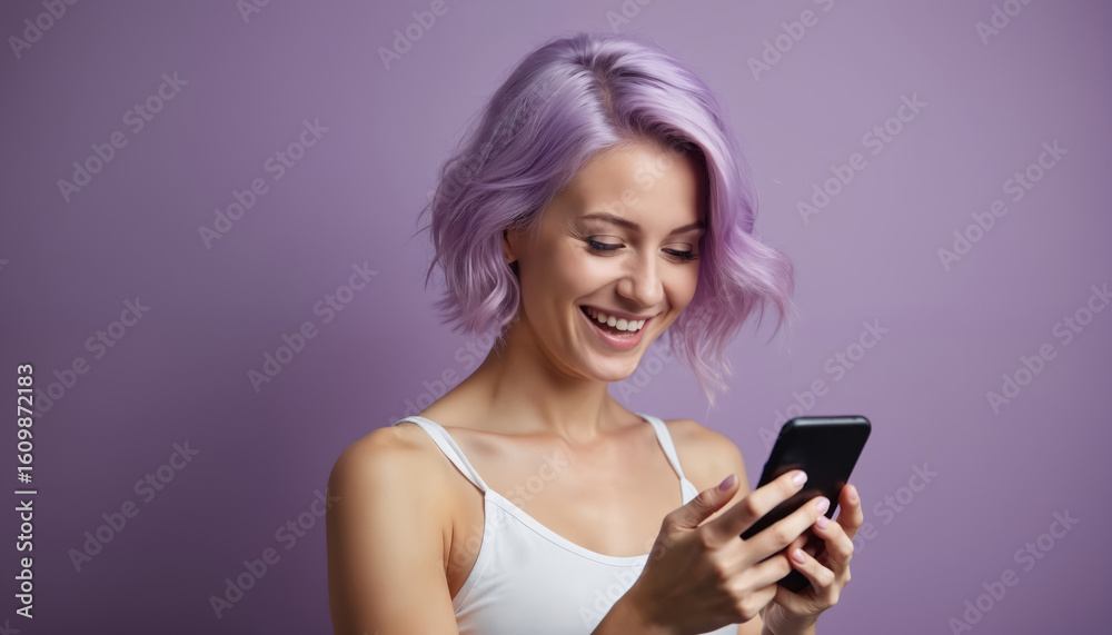 Young woman with vibrant purple hair smiles looking at smartphone. Wears white top, casual attire suitable for everyday life. Portrait captures joyful expression, engagement with modern technology Young woman with vibrant purple hair smiles looking at smartphone. Wears white top, casual attire suitable for everyday life. Portrait captures joyful expression, engagement with modern technology