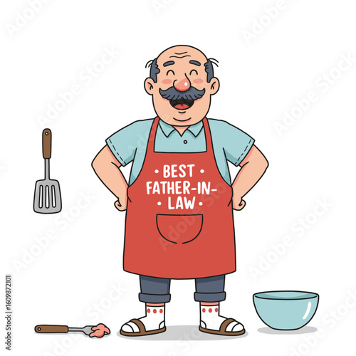 A cartoon man wearing an apron next to cooking utensils and a bowl