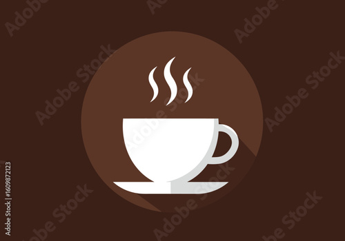 A visually appealing flat design icon featuring a white cup and saucer emitting steam symbolizing a hot beverage perfect for showcasing coffee culture or cafe branding elements