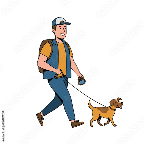 A man walks a dog both facing right on a white background