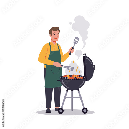 Cartoon man grills food on a charcoal grill holding spatulas with smoke rising