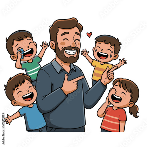 Cartoon smiling dad encircled by four happy children two crying and two laughing