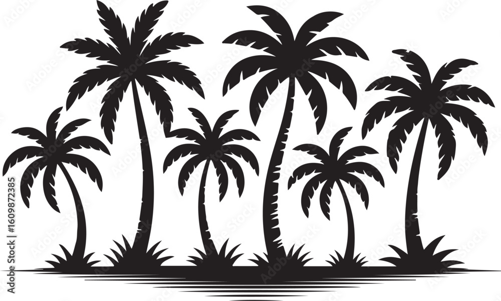 Fototapeta premium Palm Tree Silhouette Vector Set – Tropical Beach Scene