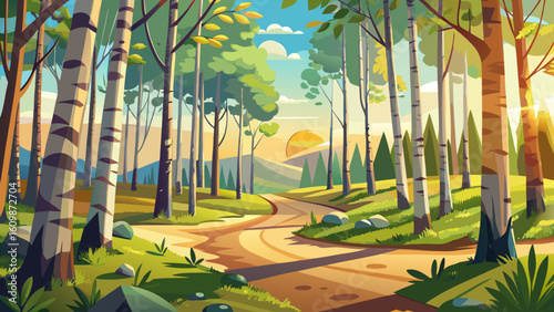 very Beautiful birch forest panorama in summer. Sun in the park