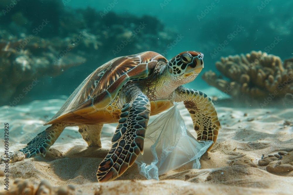 Fototapeta premium Plastic Pollution In Ocean - Turtle Eat Plastic Bag - Environmental Problem