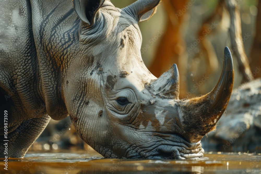 Fototapeta premium Mother and baby rhino getting ready to drink