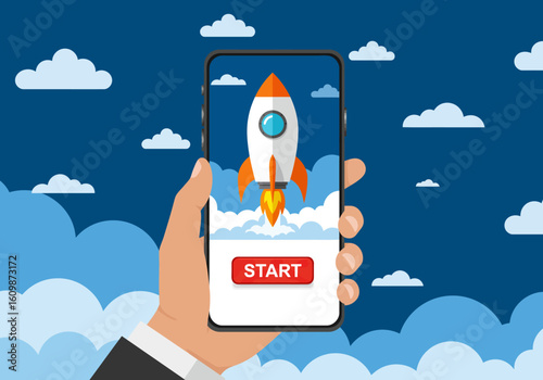 Launch your next big idea with a powerful rocket taking off from a smartphone screen, signaling progress and innovation in a dynamic, cloud-filled sky.