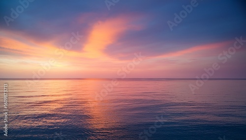 serene ocean view with calm sea horizon and colorful sunrise sky in vibrant pastel pinks and yellows