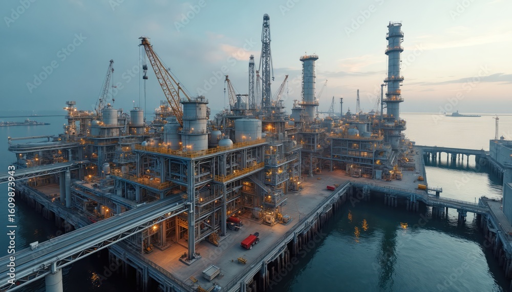 Offshore oil, gas platform complex at dusk. Industrial cranes, pipelines, refinery structures dot landscape. Steel construction rises from water, illuminated by artificial lights, signifying energy Offshore oil, gas platform complex at dusk. Industrial cranes, pipelines, refinery structures dot landscape. Steel construction rises from water, illuminated by artificial lights, signifying energy