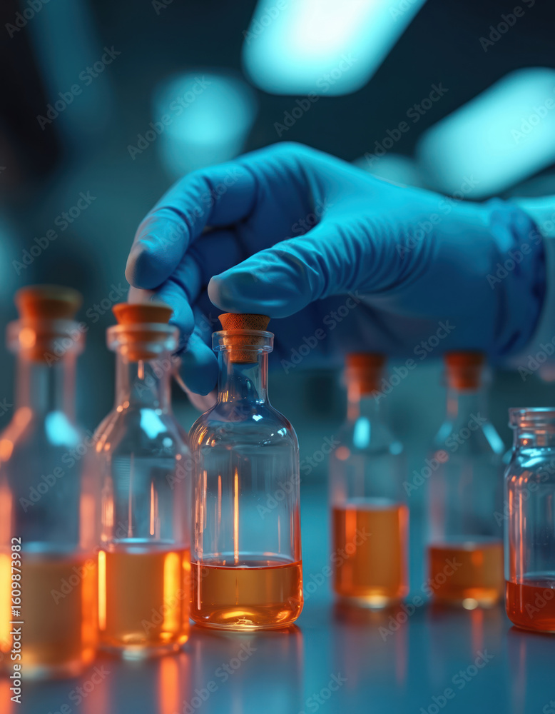 Scientist in blue glove carefully picks small glass vial with amber liquid. Row of bottles with orange substance arranged in lab. Research, analysis, testing, or medical samples. Scientist in blue glove carefully picks small glass vial with amber liquid. Row of bottles with orange substance arranged in lab. Research, analysis, testing, or medical samples.