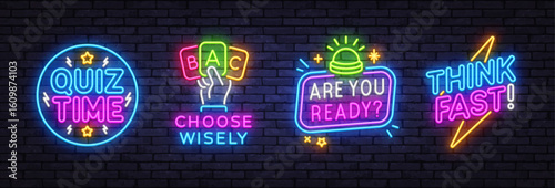 Vibrant neon signs with playful quiz phrases. Quiz Time, Choose Wisely, Are You Ready, Think Fast. Bright game-themed vector illustrations on a brick wall