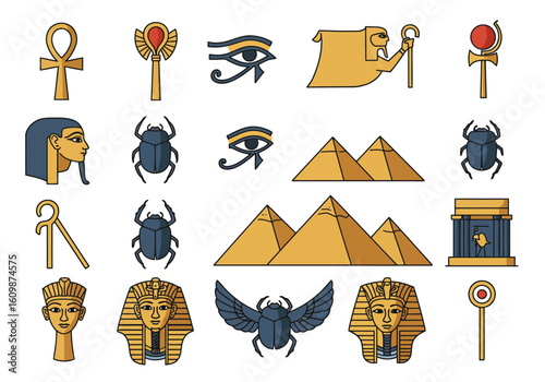 Collection of Ancient Egyptian Hieroglyphs and Symbols Including Pharaohs Pyramids Scarabs and Eye of Horus Represents Culture History and Mythology