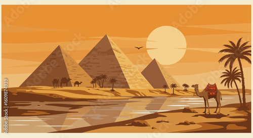 Majestic Egyptian pyramids rise under a warm sun with camels resting by the Nile river and palm trees swaying gently in the desert breeze, evoking timeless adventure and ancient wonder
