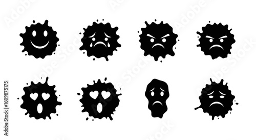 Set of ink blot emoticons showcasing various emotions in a creative style