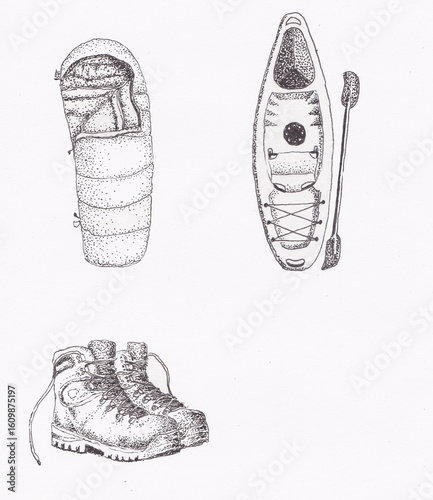 Pen and ink illustration of some outdoor equipment, a sleeping bag, kayak, and hiking boots