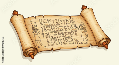 Ancient Egyptian papyrus scroll unfurls with hieroglyphic text and divine figures, revealing historical secrets and cultural heritage for captivating design projects.