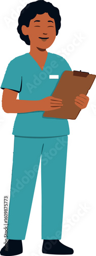 Flat vector nurse in scrubs with clipboard, smiling, standing pose, isolated on white