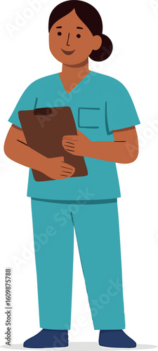 Flat vector nurse in scrubs with clipboard, smiling, standing pose, isolated on white