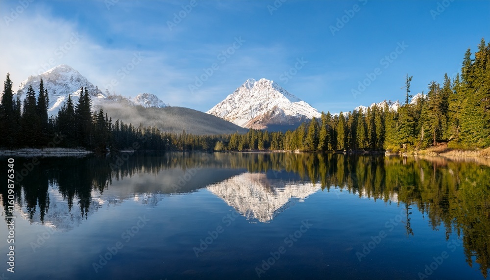 lake reflecting mountains serene landscape of snow capped mountains reflected in the tranquil surface of a pristine lake surrounded by evergreen trees lake reflecting mountains serene landscape of snow capped mountains reflected in the tranquil surface of a pristine lake surrounded by evergreen trees