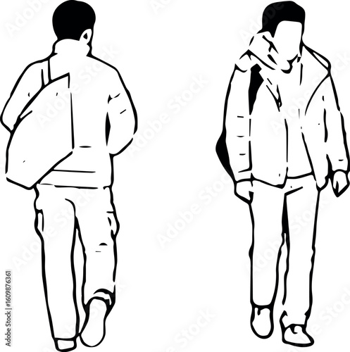 Rear and Front Views of Walking People in Winter Jackets with Bags