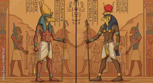 Ancient Egyptian Deities Anubis and Horus Standing in a Hieroglyphic Chamber Holding Scepters with Attendants in the Background Symbolizing Mythology and History