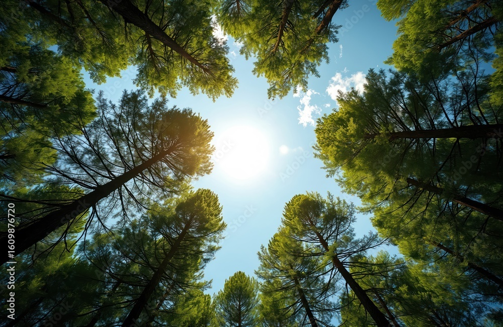 Obraz premium Looking up through tall green trees towards bright blue sky with shining sun. Sun rays filter through leaves creating majestic forest scene. Image signifies sustainability, nature, beauty of natural
