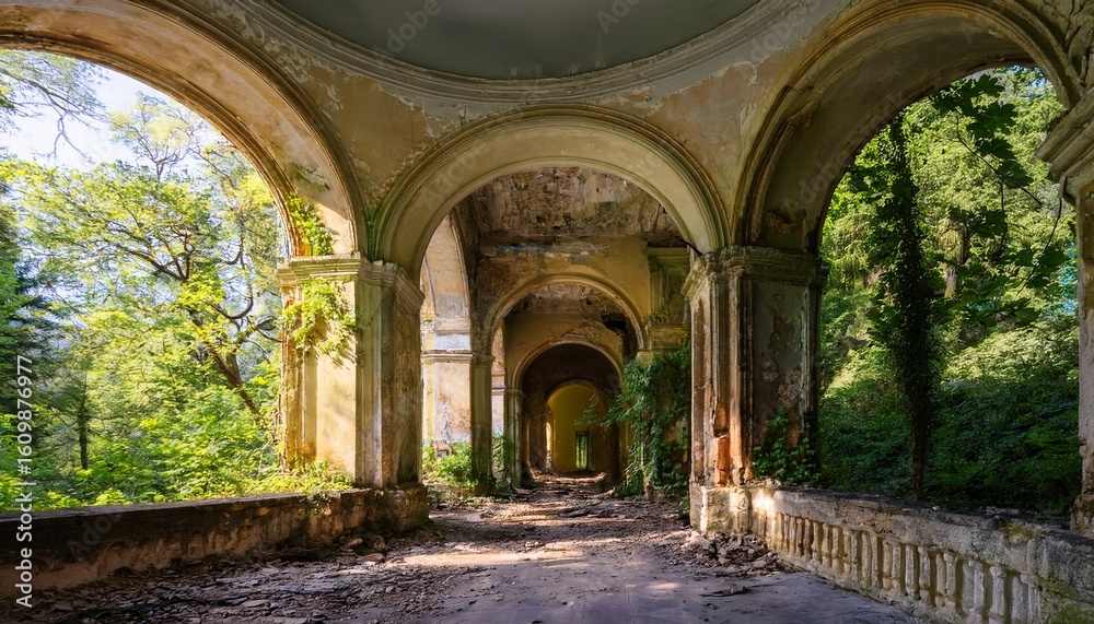 Fototapeta premium crumbling walls and arched doorways mark the decaying grandeur of sanatorium gelati a forgotten soviet era spa resort in georgia now overtaken by nature and bearing the scars of time