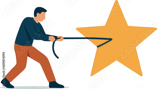 Flat vector person pulling a large star forward, dragging ambition toward self, isolated on white