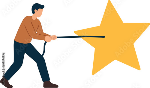 Flat vector person pulling a large star forward, dragging ambition toward self, isolated on white