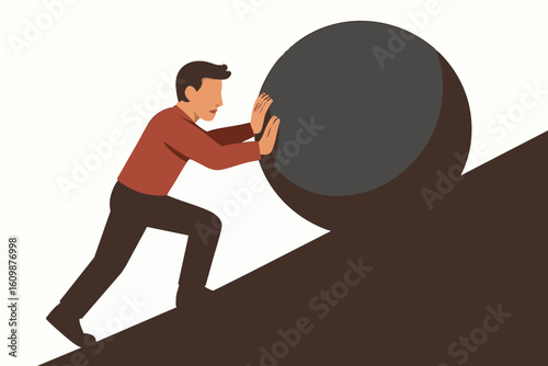Flat vector person pushing large boulder uphill with determined expression, ambition as effort, isolated on white