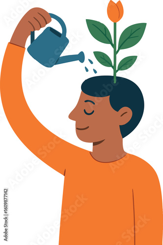 Flat vector person watering a plant growing from their head, metaphor for self-care and growth
