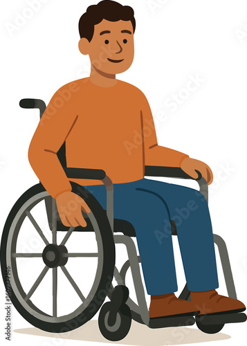Flat vector person with disability in wheelchair, casual wear and smiling expression, isolated on white
