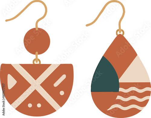 Flat vector polymer clay earrings with geometric patterns and hooks, minimal craft vibe, isolated on white