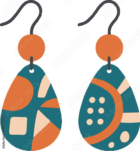 Flat vector polymer clay earrings with geometric patterns and hooks, minimal craft vibe, isolated on white