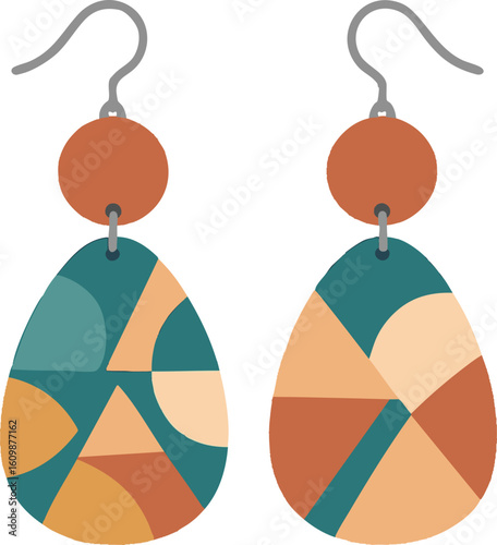 Flat vector polymer clay earrings with geometric patterns and hooks, minimal craft vibe, isolated on white