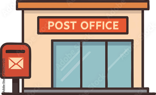 Flat vector post office with mailbox out front and sliding doors, isolated on white