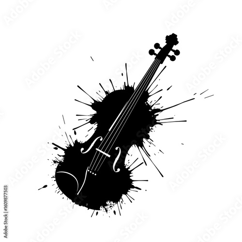 Stylized violin silhouette with black ink splashes no background for creative musical design