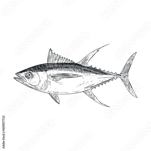 Detailed sketch of a tuna fish for culinary design projects