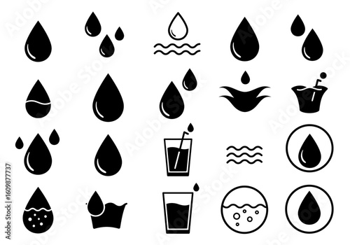 A Comprehensive Collection of Water Drop Icons Representing Various Aspects of Water Usage and Purity for Diverse Design Needs