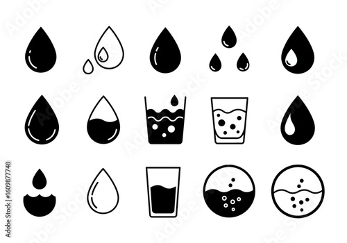 Collection of Stylized Water Droplet and Liquid Icons Illustrating Purity Freshness and Hydration for Various Design Applications