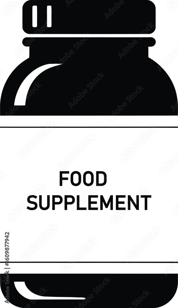 Naklejka premium Food Supplement Bottle Icon, Black and White Supplement Jar, Nutritional Product Container Vector Illustration, Health and Wellness Dietary Pills.