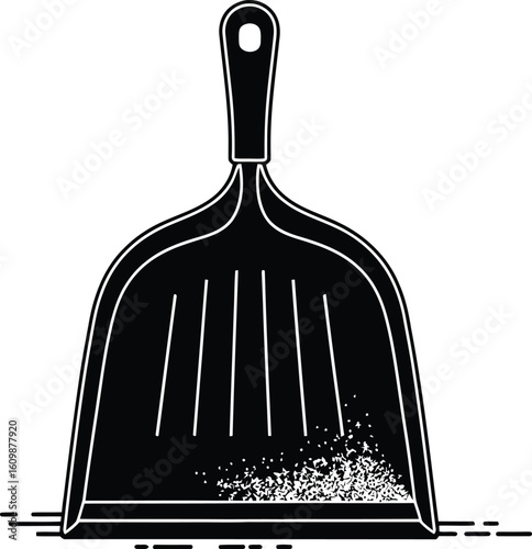 Black Silhouette Dustpan with Debris Vector Icon - Cleaning Tool for Home and Office Maintenance.