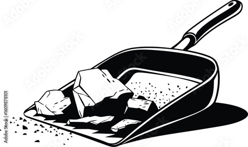 Dustpan with Debris Vector Illustration - Black and White Cleaning Tool, Household Chores, Mess Cleanup, Housework Equipment