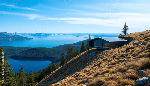 A mirrored cabin built into the slope, disappearing into the landscape while gazing over an endless blue lake.
