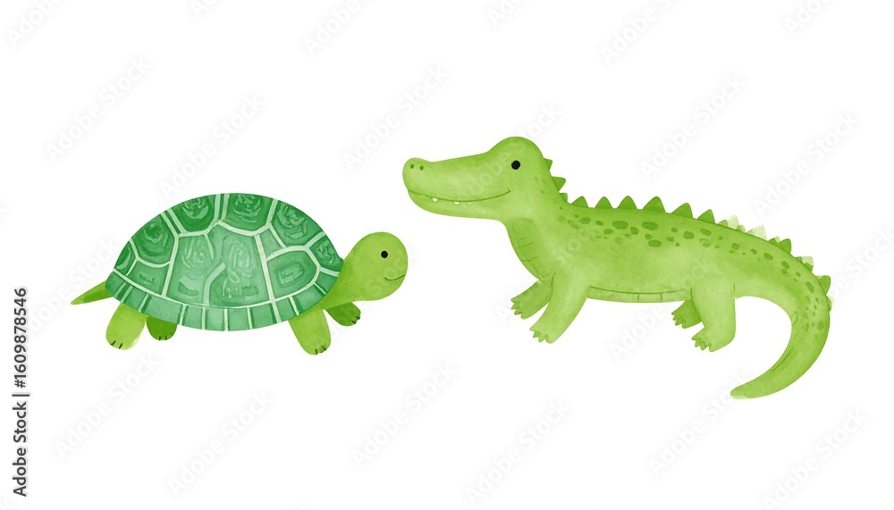 Fototapeta premium Cute green turtle and crocodile