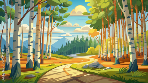 very Beautiful Birch grove with a road on sunny summer day, huge panorama