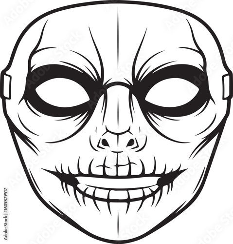 Black and white illustration of a scary mask horror