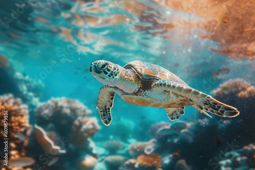 Sea turtle swims under water on the background of coral reefs